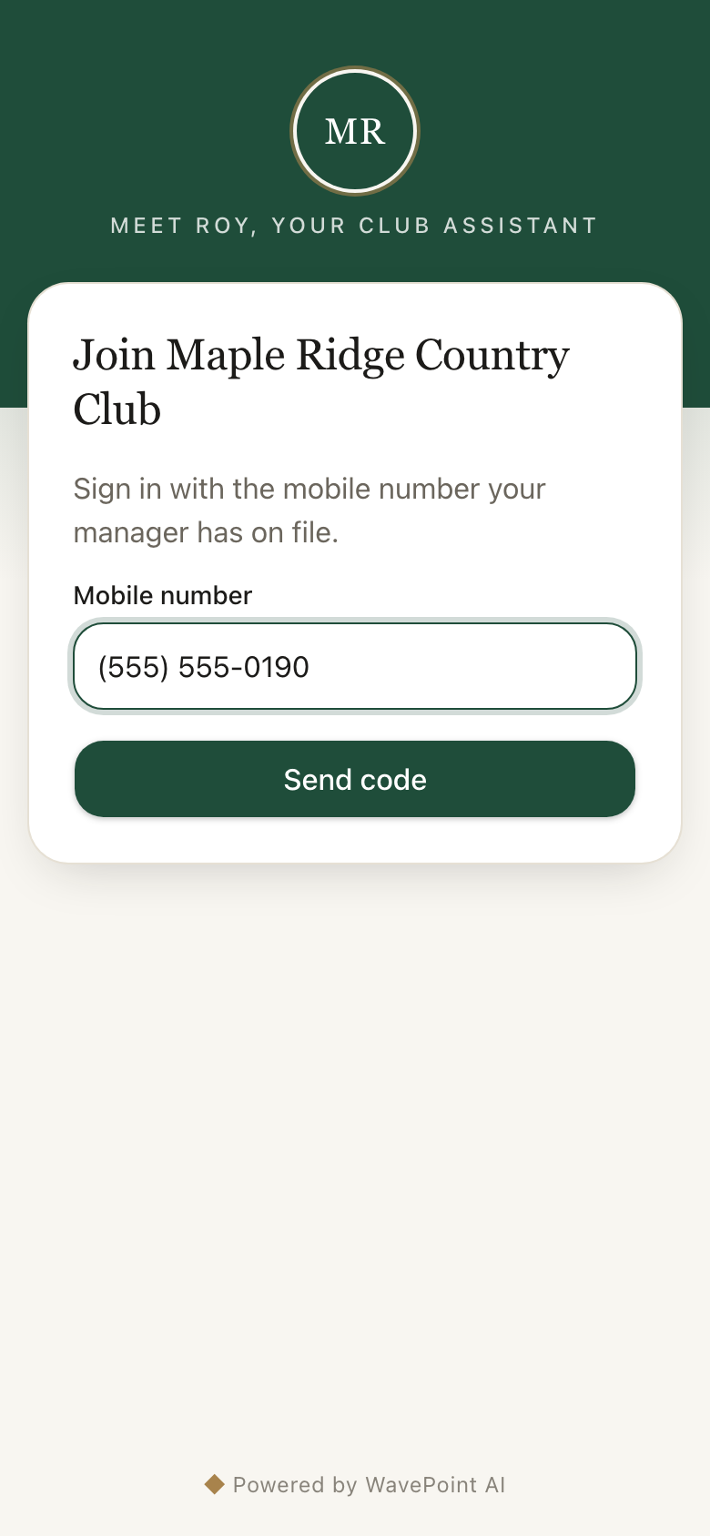 WavePoint opt-in flow step 1: the sign-up page with a mobile number entered.