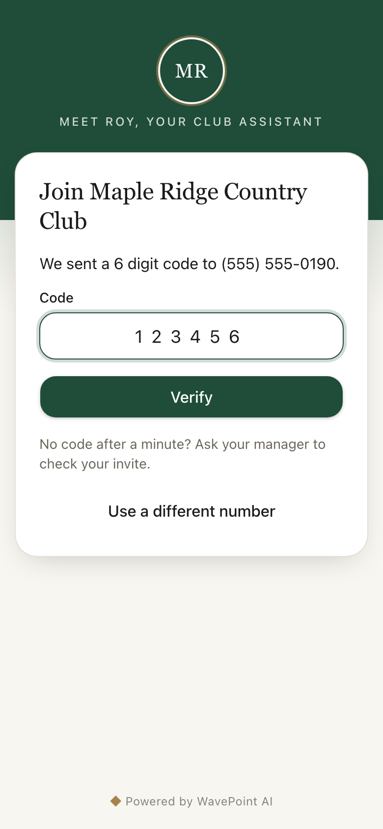 WavePoint opt-in flow step 2: entering the one-time verification code.