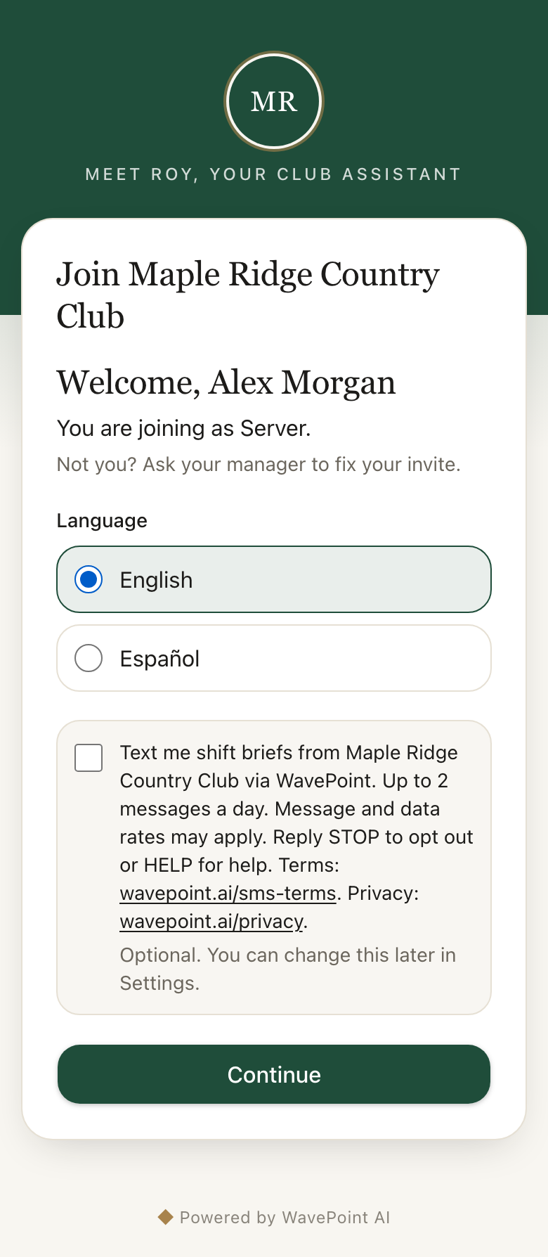 WavePoint opt-in flow step 3: the optional SMS consent checkbox, unchecked by default.