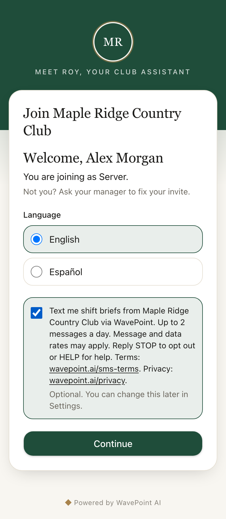 WavePoint opt-in flow step 4: the SMS consent checkbox after the employee checks it.